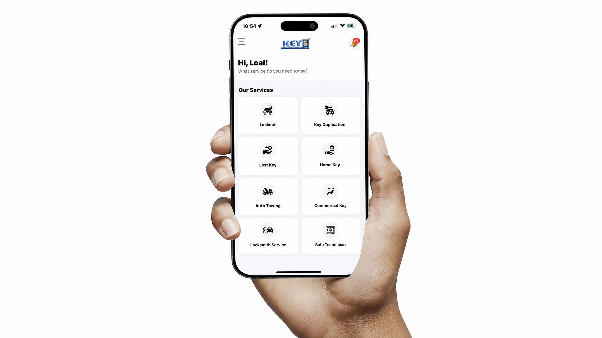 The Keys customer app showing the Our Services screen on a phone